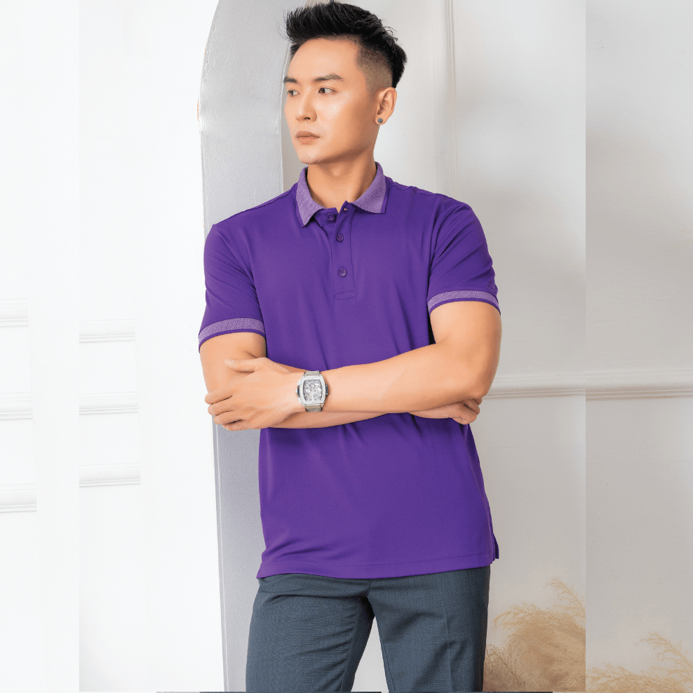 Áo polo nam ngắn tay Aligro cao cấp ALGPLO27 vải cotton pha sợi cacbon dáng suông màu tím