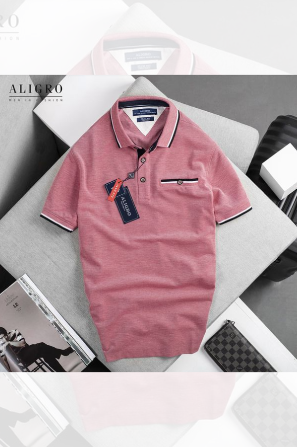 Áo polo nam ngắn tay Aligro cao cấp ALGPLO41 vải CVC cao cấp dáng slimfit có túi ngực màu hồng