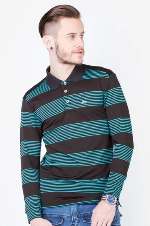 Áo thun dài tay nam cao cấp ALIGRO cổ bẻ co giãn, thoáng khí phối kẻ xanh đen ALGAPD013