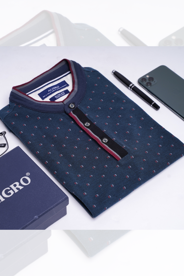 Áo polo nam ngắn tay Aligro cao cấp ALGPLO36 vải CVC cao cấp dáng slimfit cổ tàu màu xanh