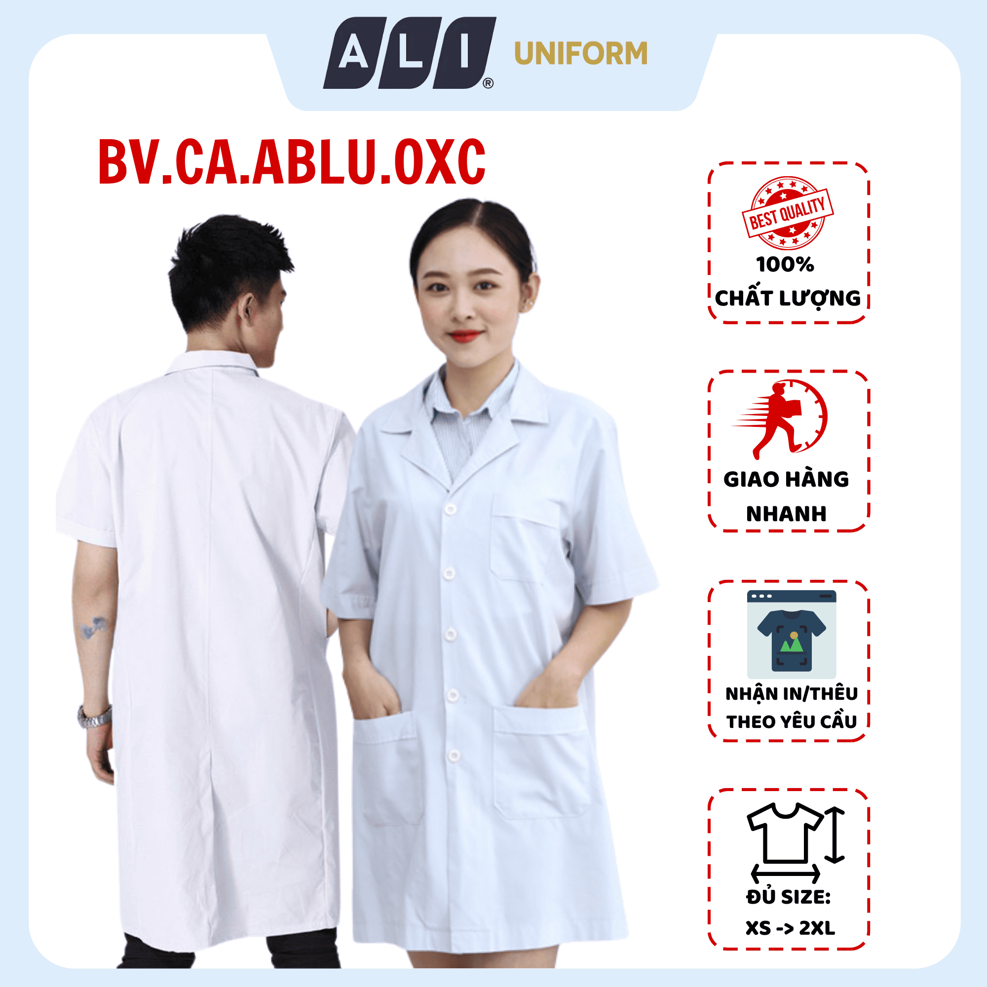 Áo choàng blouse, áo blue trắng cộc tay, dáng dài, chất vải oxford cho bác sĩ, dược sĩ, spa Aligro BV.CA.ABLU.OXC