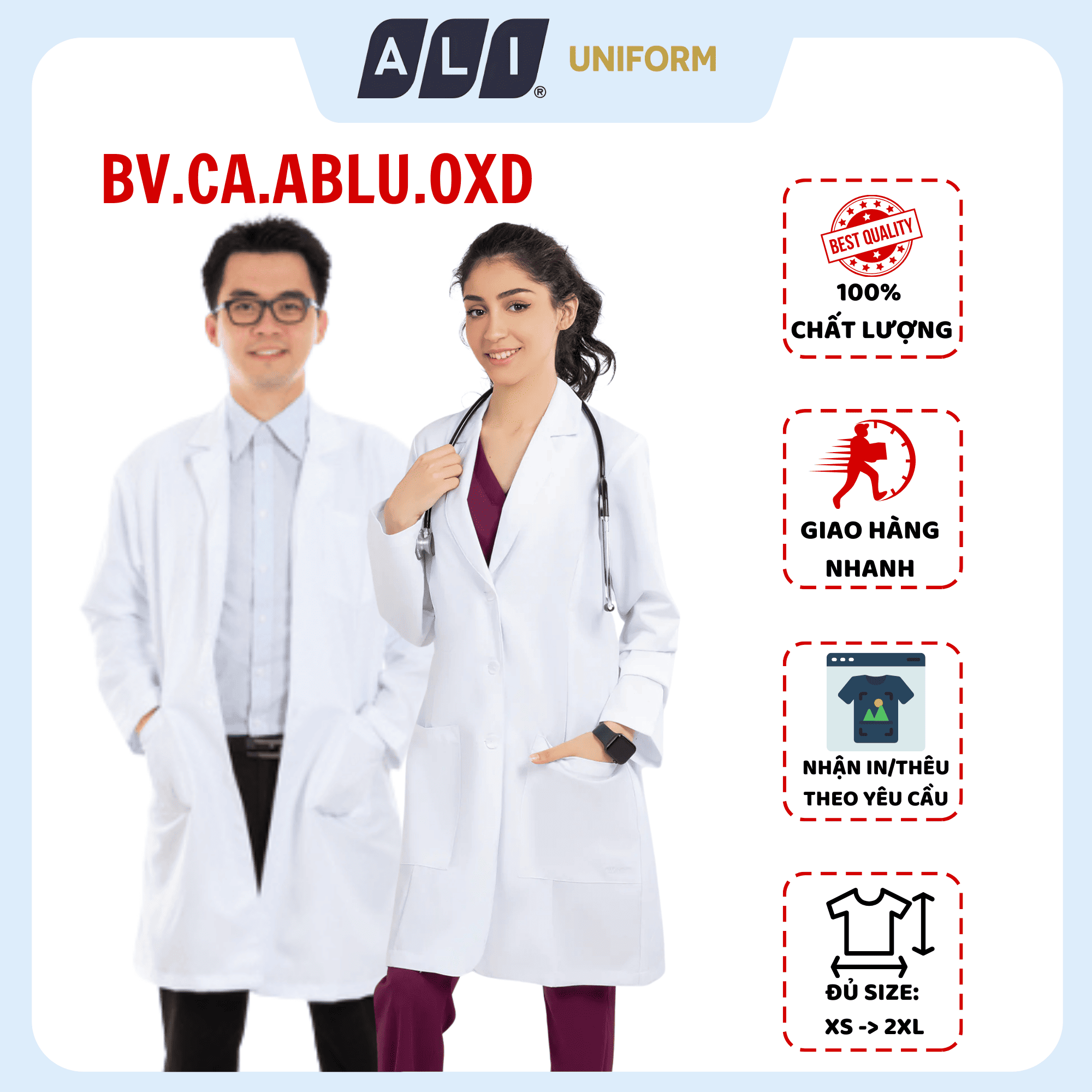 Áo choàng blouse, áo blue trắng dài tay, dáng dài, chất vải oxford cho bác sĩ, dược sĩ, spa Aligro BV.CA.ABLU.OXD