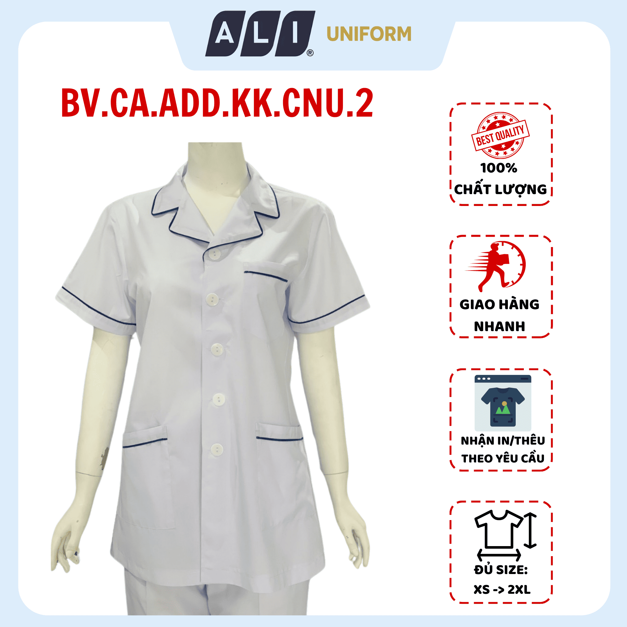 Áo điều dưỡng, áo blue trắng cộc tay, có lé chất vải kaki chun hàn cho bác sĩ, dược sĩ, spa Aligro BV.CA.ADD.KK.CNU2