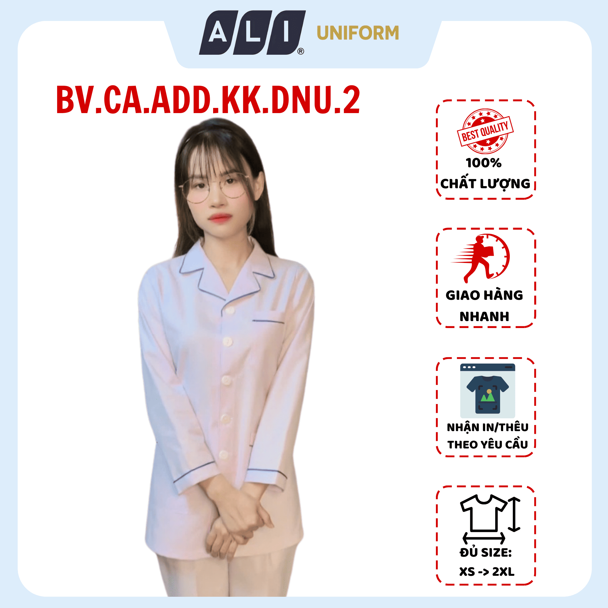 Áo điều dưỡng, áo blue trắng dài tay, có lé chất vải kaki chun hàn cho bác sĩ, dược sĩ, spa Aligro BV.CA.ADD.KK.DNU.2