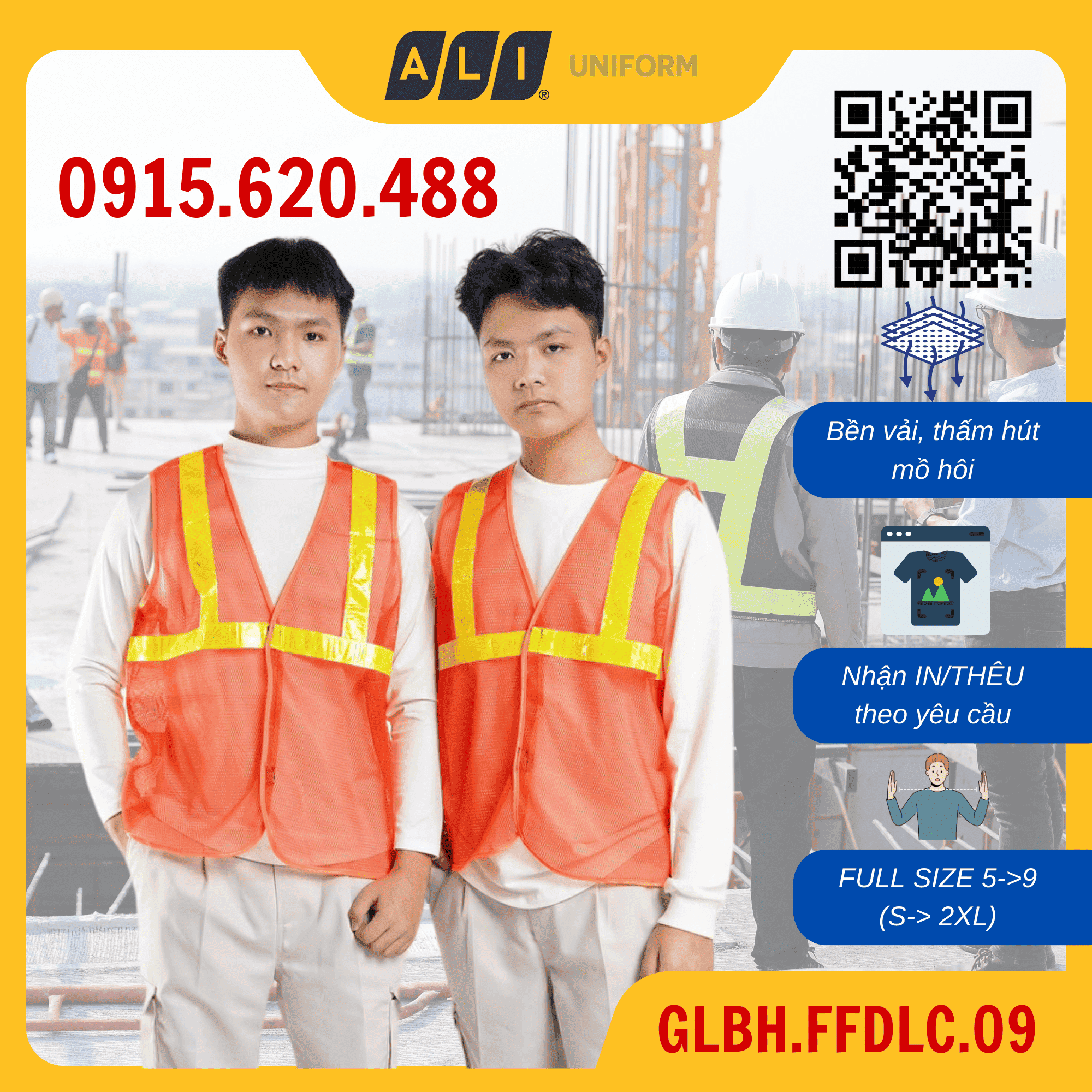 Áo gile bảo hộ lao động lưới phản quang nhựa màu cam GLBH.FFDLC.09