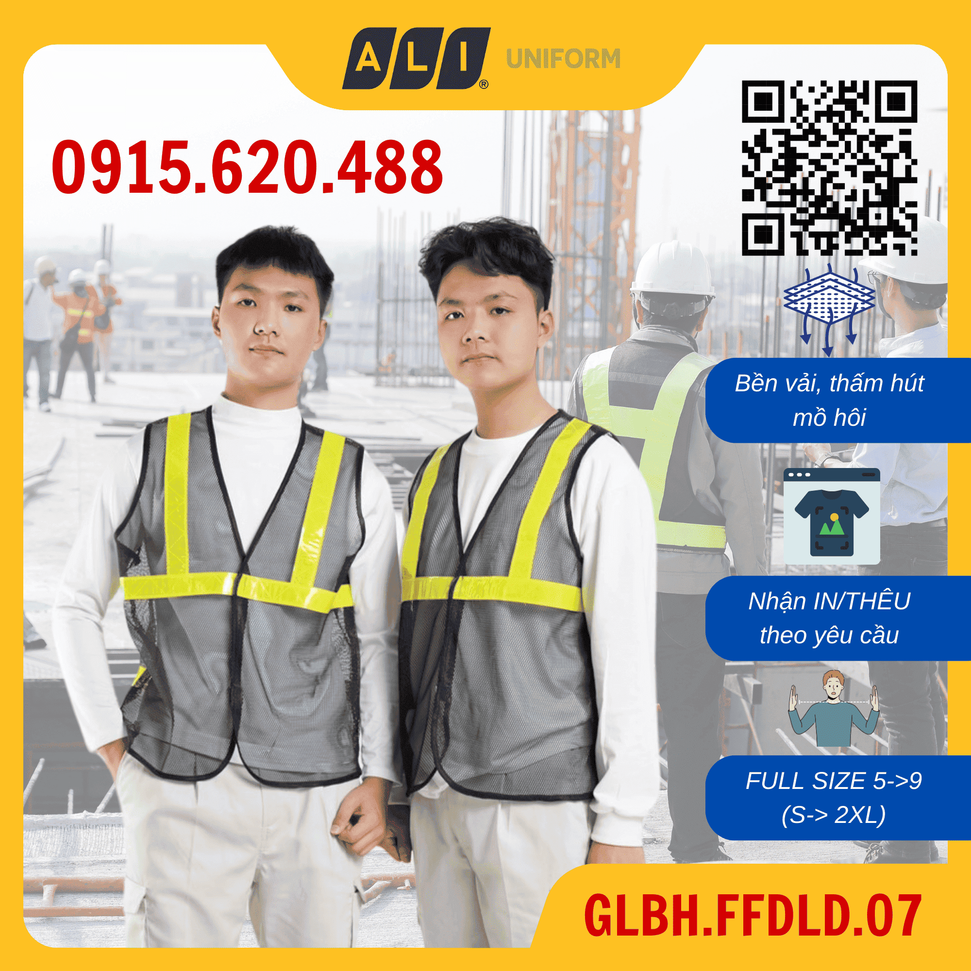 Áo gile bảo hộ lao động lưới phản quang nhựa màu đen GLBH.FFDLD.07