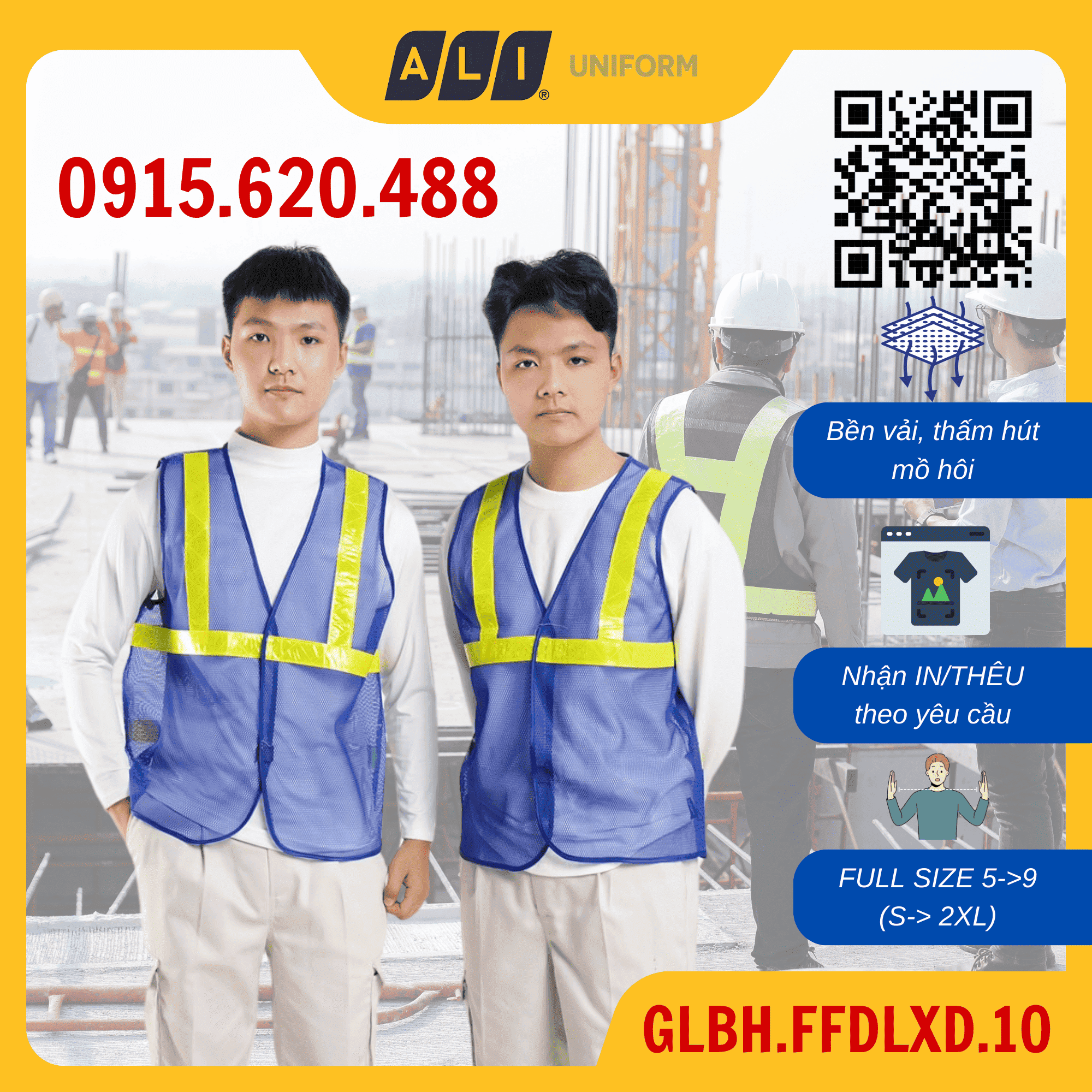 Áo gile bảo hộ lao động lưới phản quang nhựa màu xanh dương GLBH.FFDLXD.10