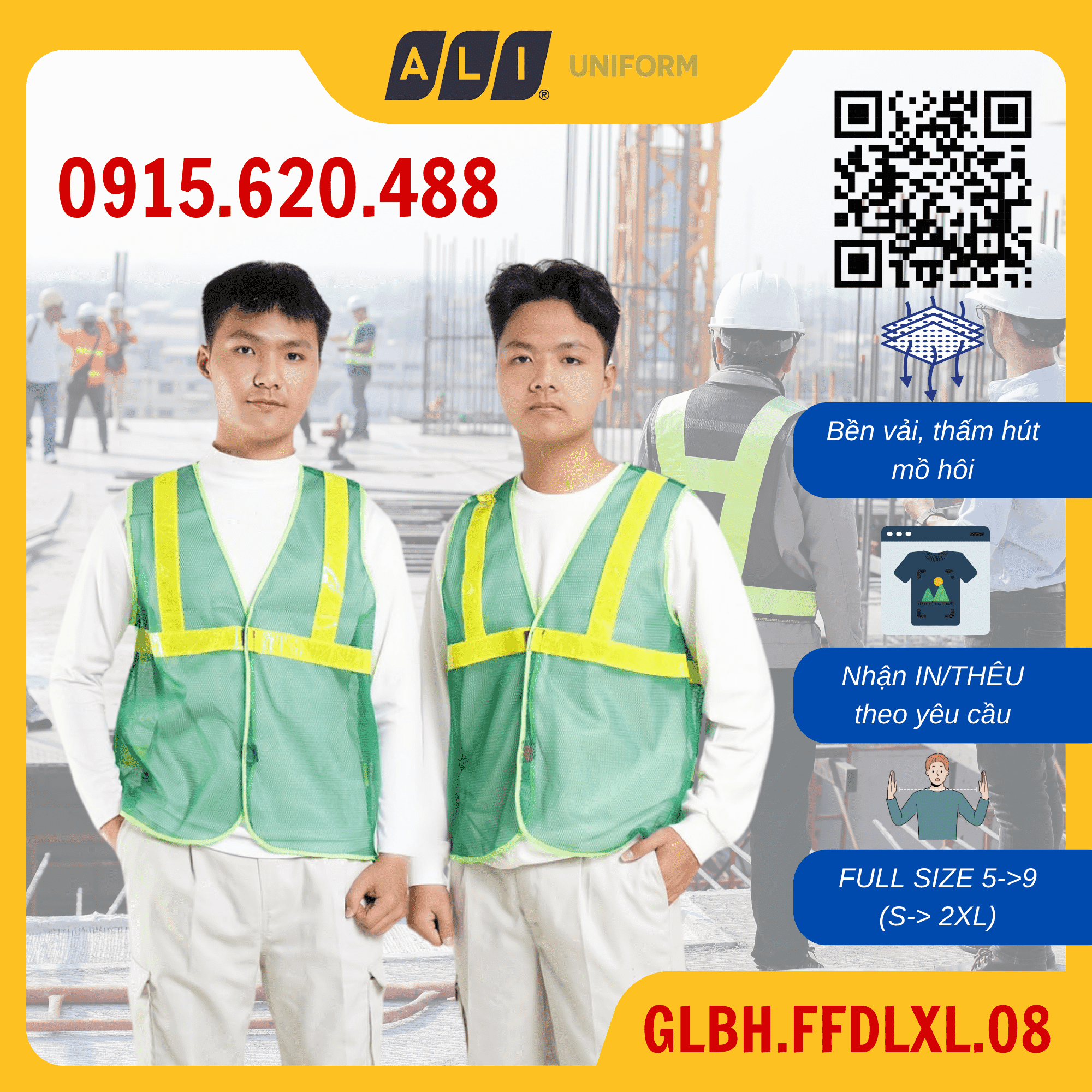 Áo gile bảo hộ lao động lưới phản quang nhựa màu xanh lá GLBH.FFDLXL.08