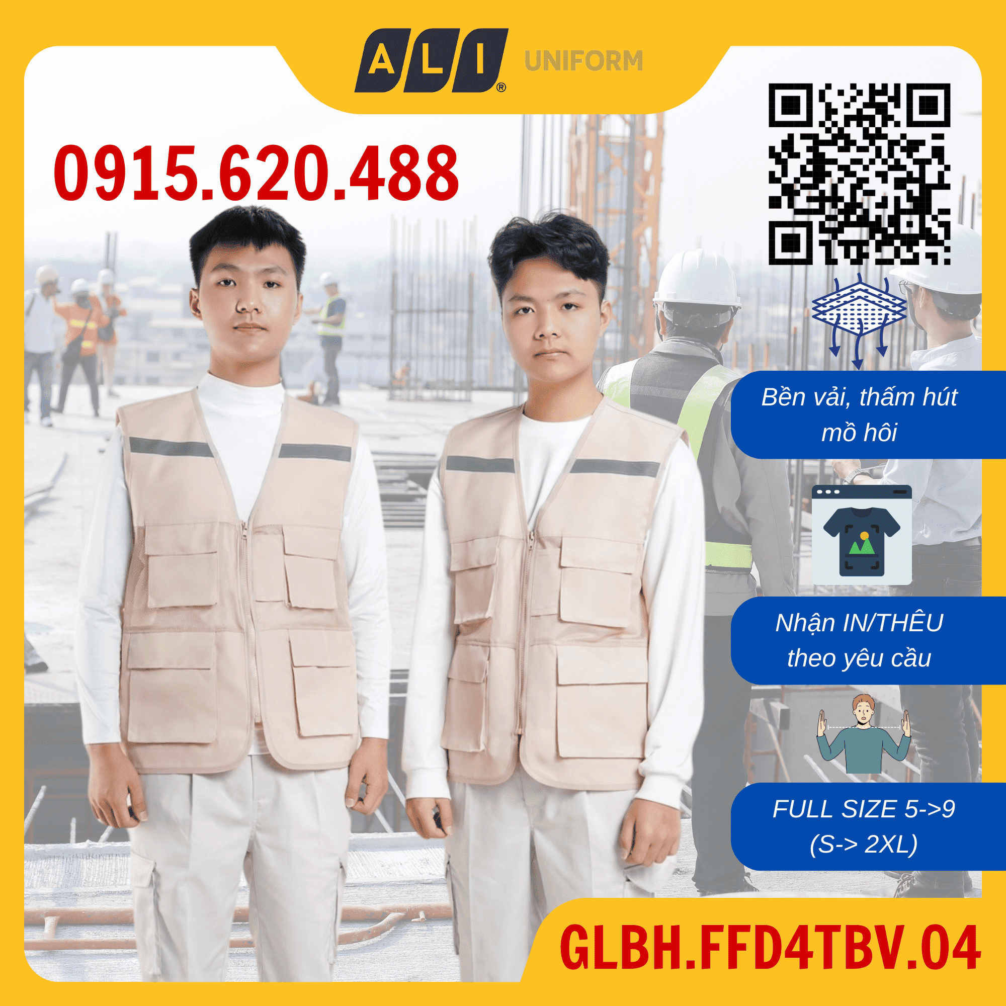 Áo gile bảo hộ lao động phản quang 4 túi chất vải kaki hoặc lưới thoáng mát, thấm hút tốt màu be vàng GLBH.FFD4TBV.04