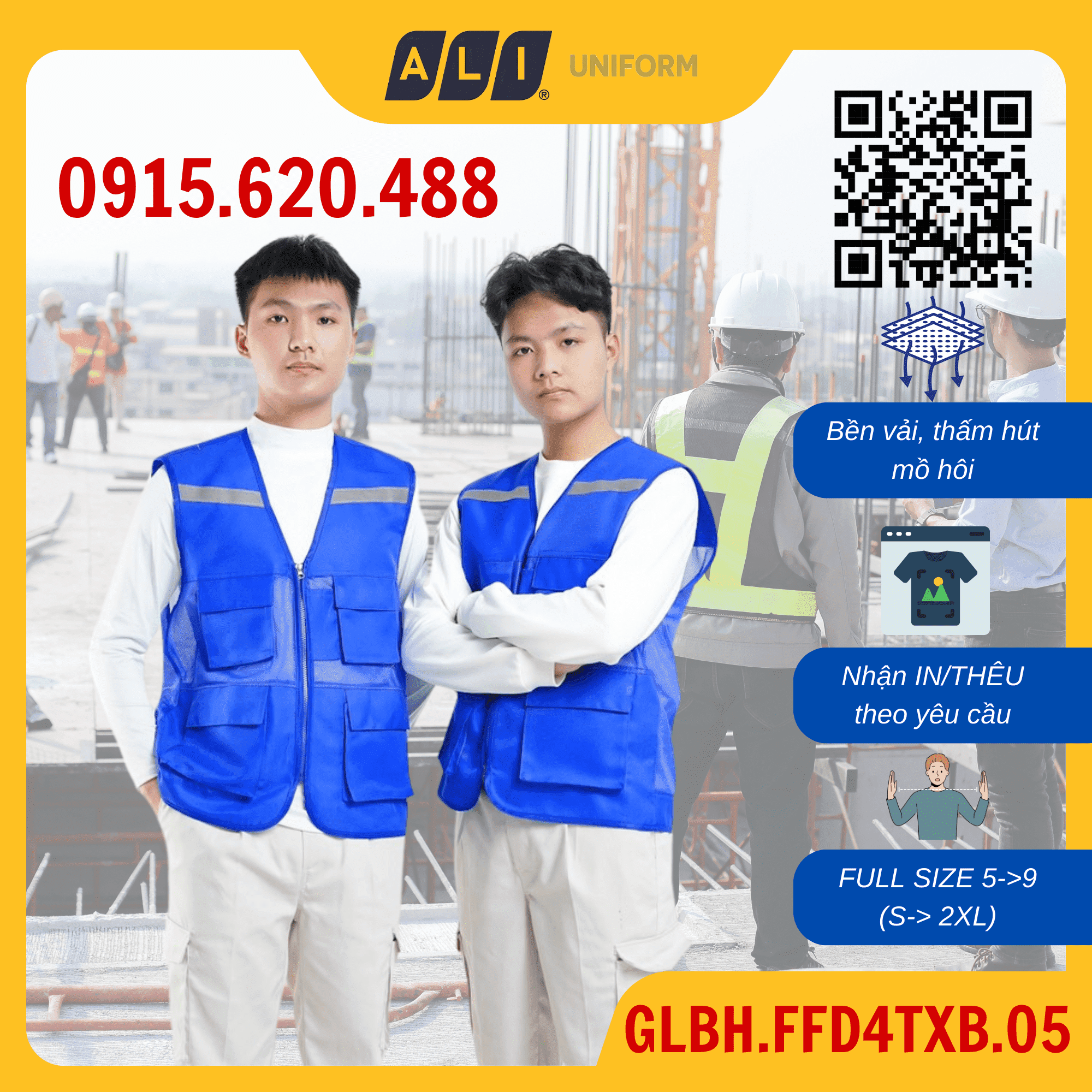 Áo gile bảo hộ lao động phản quang 4 túi chất vải kaki hoặc lưới thoáng mát, thấm hút tốt màu xanh bích GLBH.FFD4TXB.05