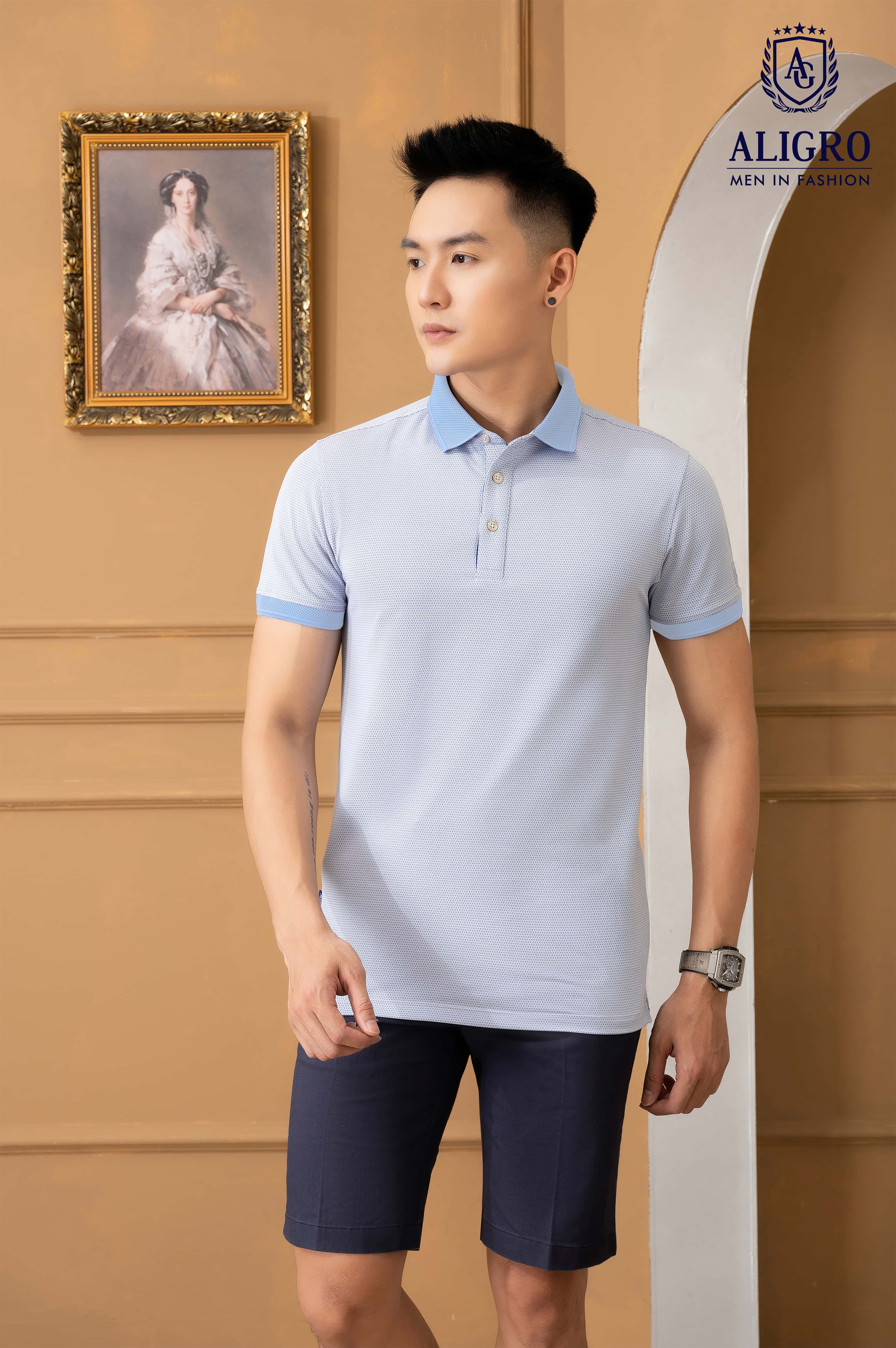 Áo polo nam Aligro ngắn tay cao cấp ALGPLO78.1 vải cotton pha sợi cacbon dáng ôm hoạ tiết phẩy V màu xanh dương dệt Zacka