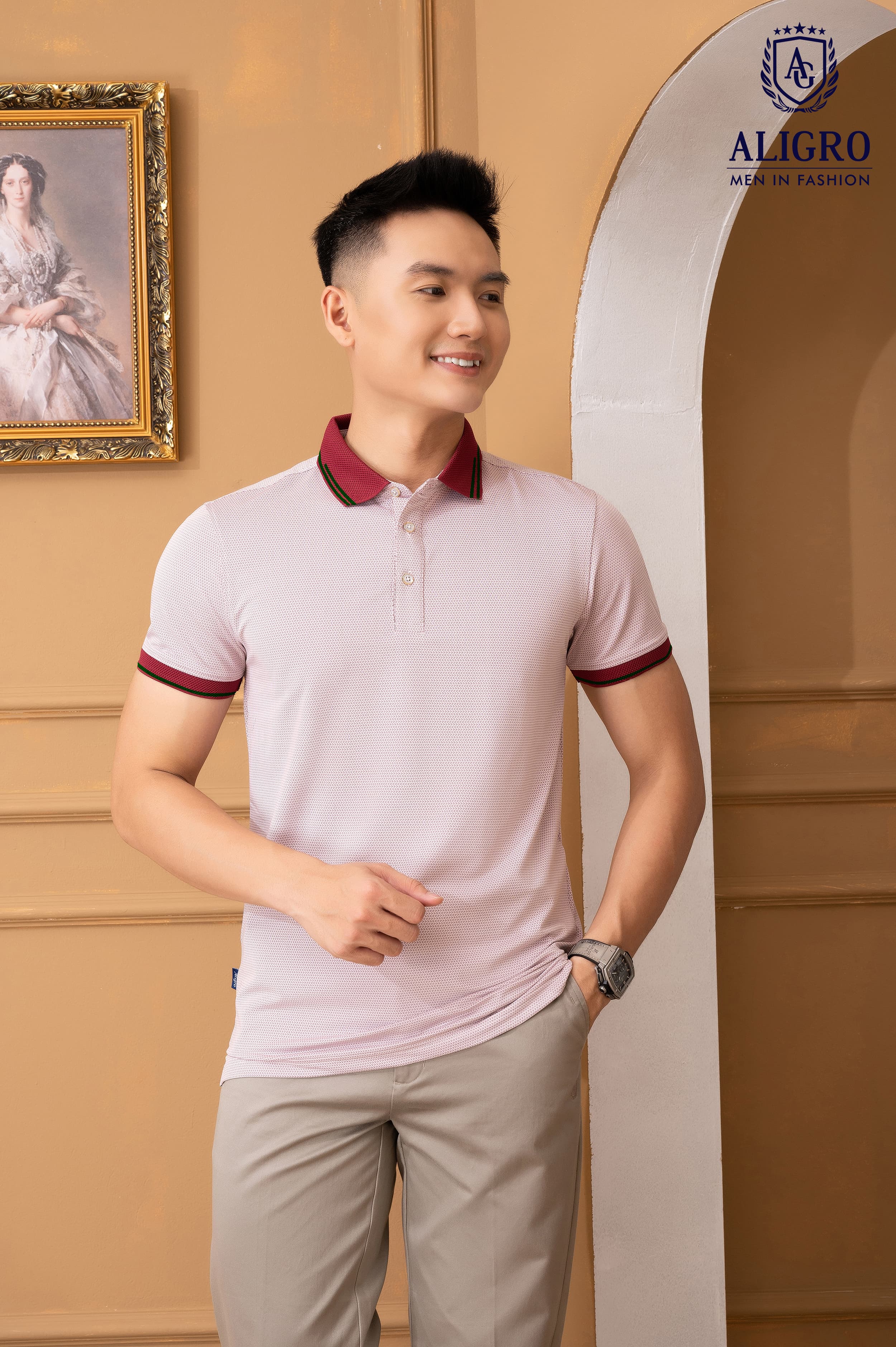 Áo polo nam Aligro ngắn tay cao cấp ALGPLO77.1 vải cotton pha sợi cacbon dáng ôm hoạ tiết phẩy V màu đỏ đô