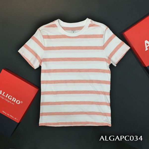 Áo thun nam cổ tròn ngắn tay cao cấp Aligro ALGAPC034 chất liệu cotton form SLIMFIT kẻ trắng-hồng