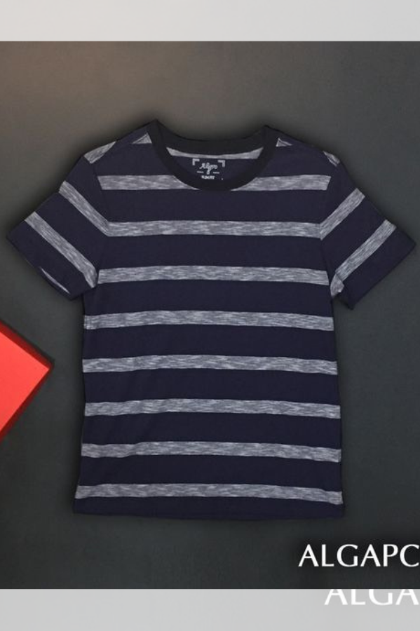Áo thun nam cổ tròn ngắn tay cao cấp Aligro ALGAPC035 chất liệu cotton form SLIMFIT kẻ navy