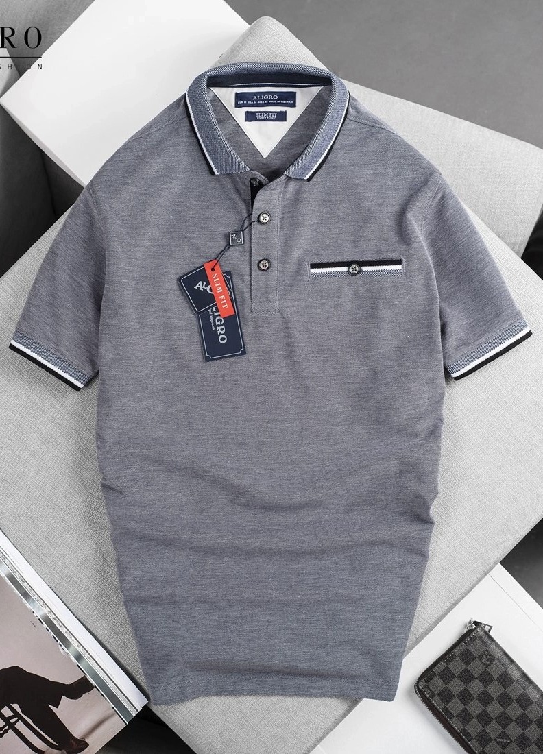 Áo polo nam ngắn tay Aligro cao cấp ALGPLO40 vải CVC cao cấp dáng slimfit có túi ngực màu ghi sáng