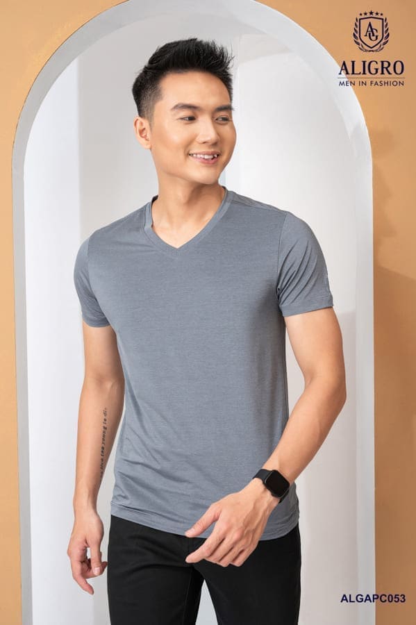 Áo thun nam cổ tim ngắn tay cao cấp Aligro ALGAPC053 chất liệu cotton form SLIMFIT màu grey