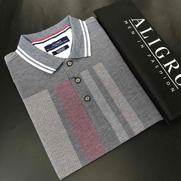 Áo polo nam ngắn tay Aligro cao cấp ALGPLO33 vải CVC cao cấp dáng slimfit màu ghi sáng hoạ tiết kẻ sọc