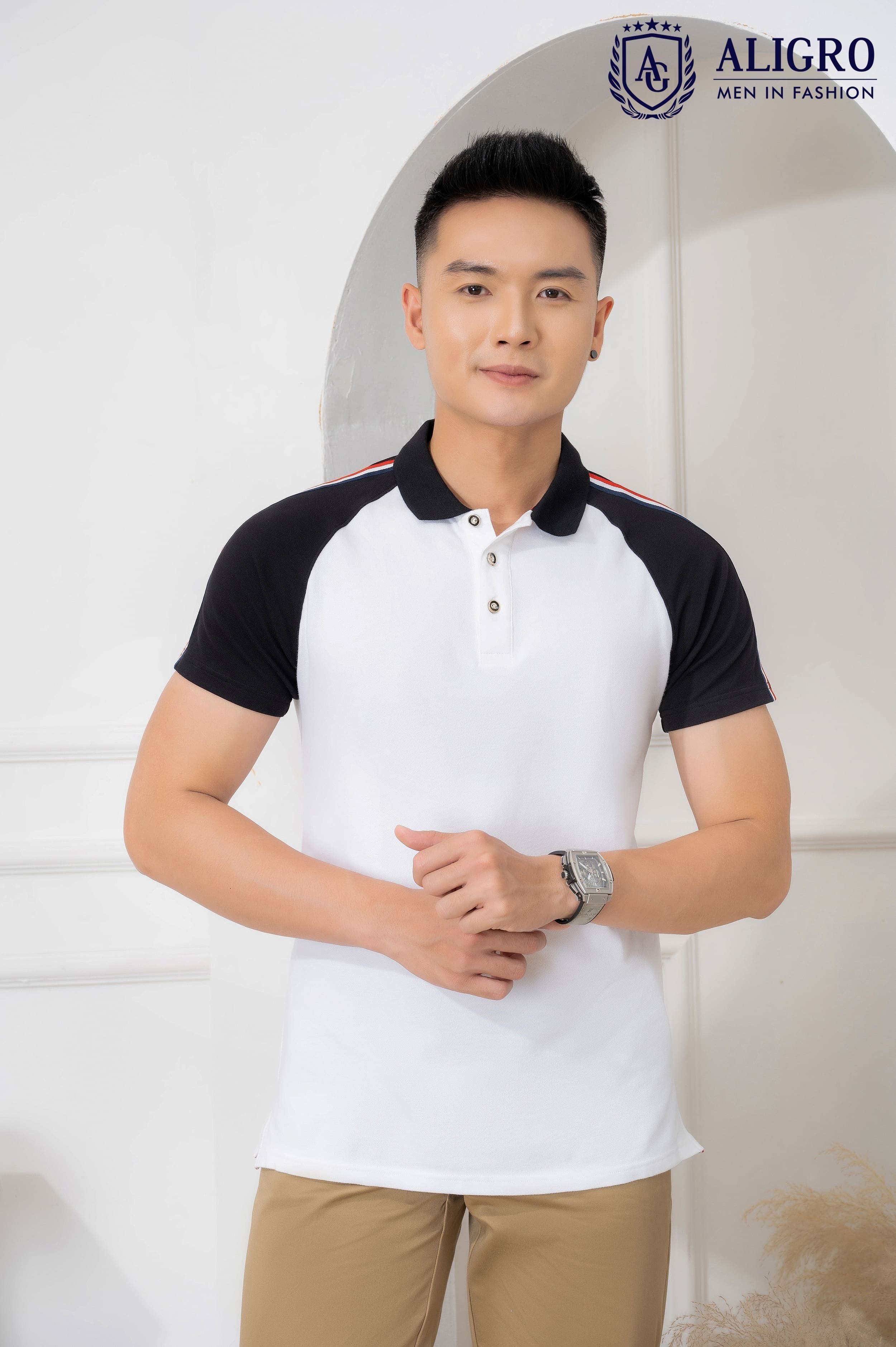 Áo polo nam ngắn tay Aligro cao cấp ALGPLO50 vải CVC cao cấp dáng slimfit màu trắng phối đen