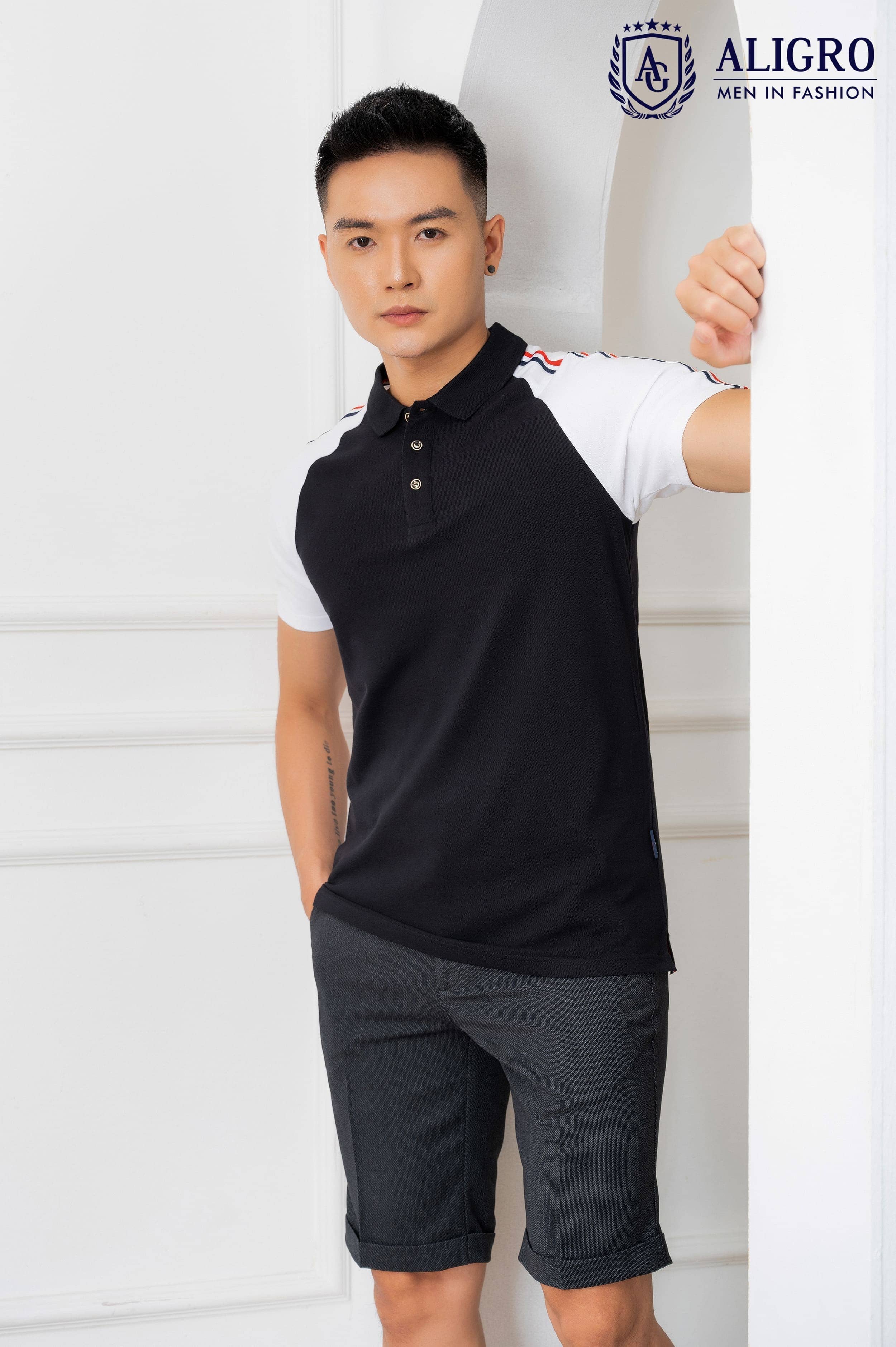 Áo polo nam ngắn tay Aligro cao cấp ALGPLO52 vải CVC cao cấp dáng slimfit màu đen phối trắng