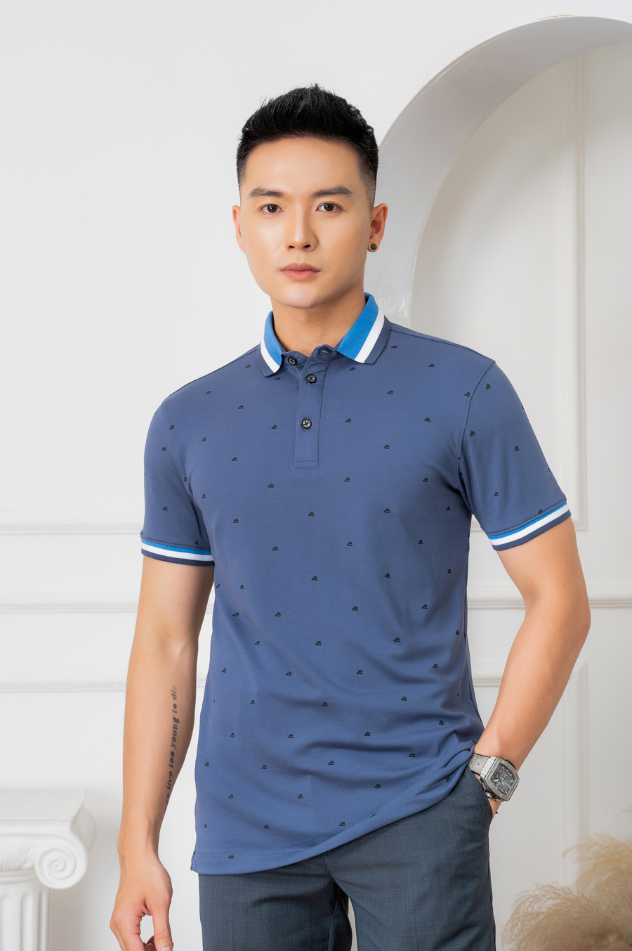 Áo polo nam ngắn tay cao cấp Aligro ALGPLO65 chất liệu pirma cotton form slimfit màu ghi xám in hoạ tiết bàn là