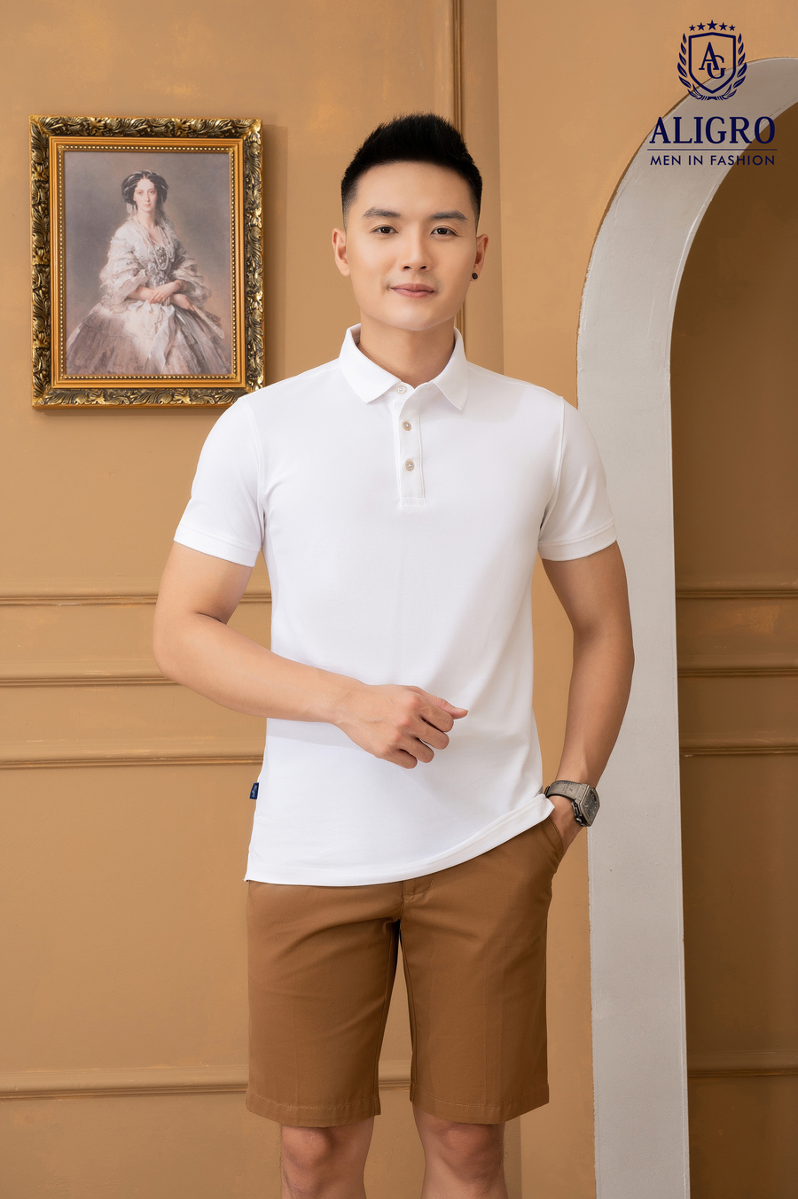 Áo polo nam ngắn tay Aligro cao cấp ALGPLO76 vải CVC cao cấp dáng slimfit màu trắng