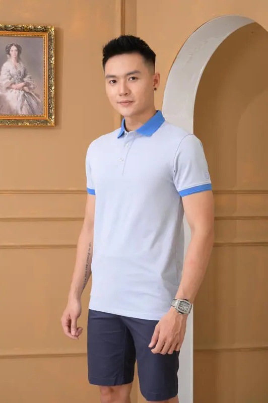 Áo polo nam Aligro ngắn tay cao cấp ALGPLO78 vải cotton pha sợi cacbon dáng ôm hoạ tiết phẩy V màu xanh dương