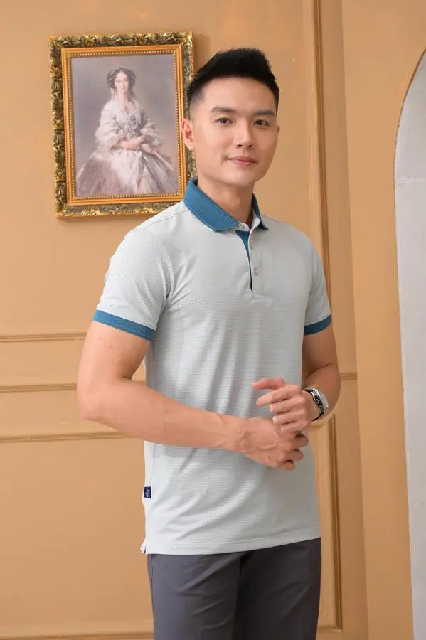 Áo polo nam Aligro ngắn tay cao cấp ALGPLO79 vải cotton pha sợi cacbon dáng ôm hoạ tiết phẩy V màu xanh cổ vịt