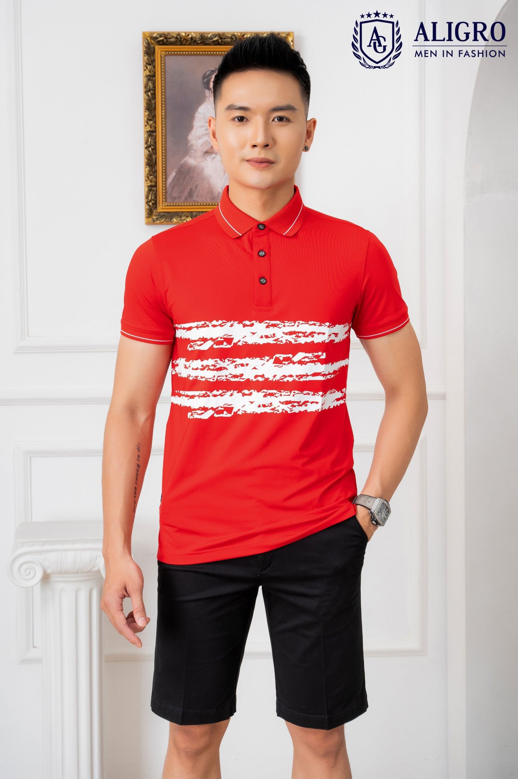 Áo polo Golf ngắn tay cao cấp Aligro ALGPLO71 vải thun lạnh COOLMAX dáng slimfit màu đỏ kẻ ngang