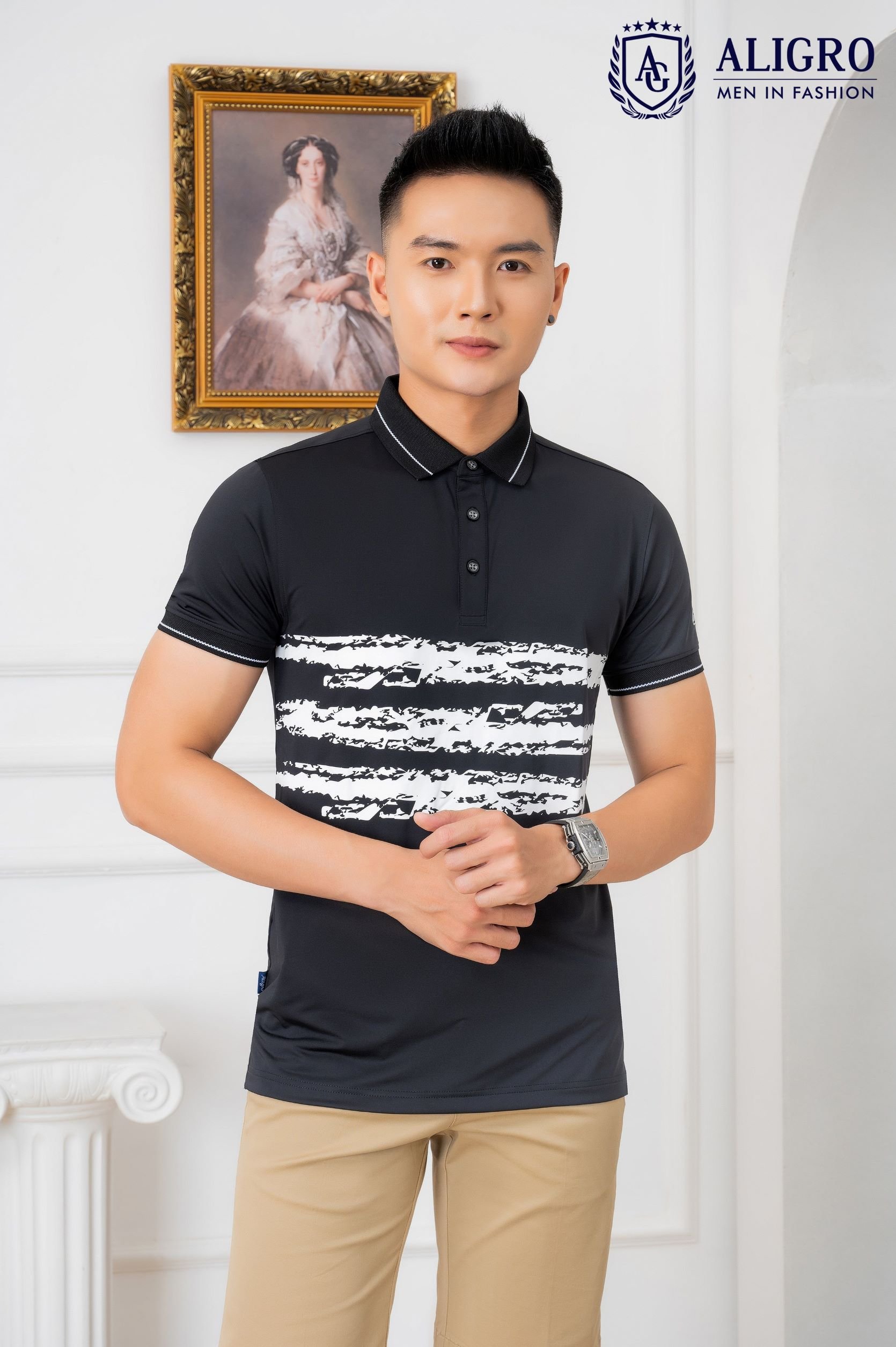 Áo polo Golf ngắn tay cao cấp Aligro ALGPLO73 vải thun lạnh COOLMAX dáng slimfit màu đen kẻ ngang