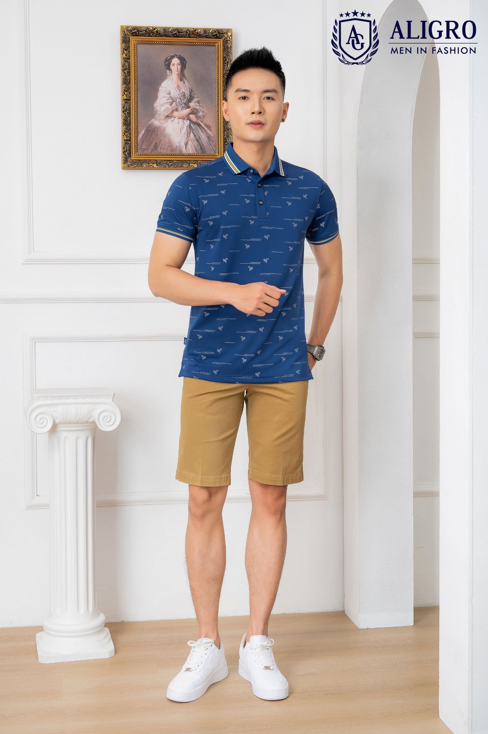 Áo polo nam Aligro ngắn tay cao cấp ALGPLO68 vải cotton pha sợi cacbon dáng ôm màu navy in thân