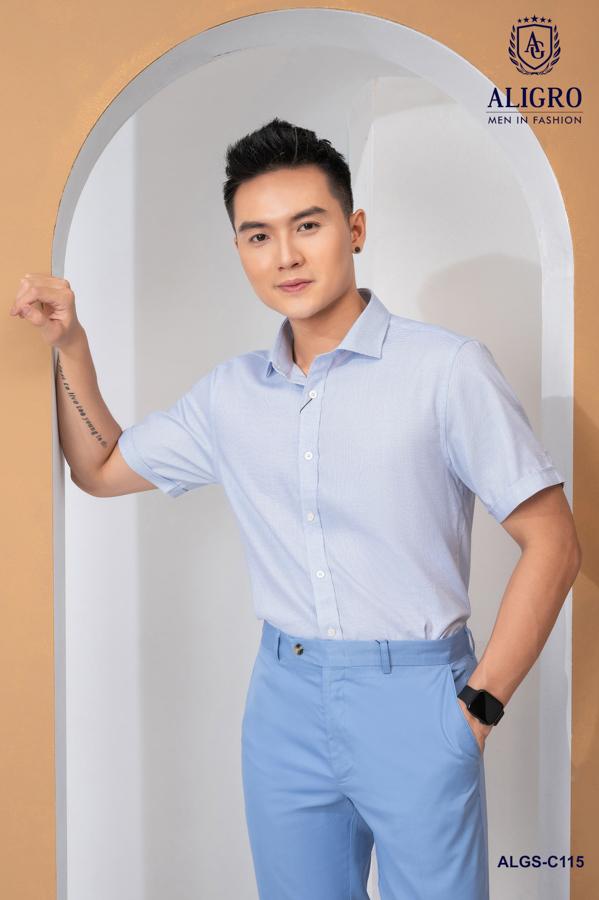 Áo sơ mi nam ngắn tay cao cấp Aligro ALGS-C115 chất liệu vải bamboo form SLIMFIT trắng chấm xanh