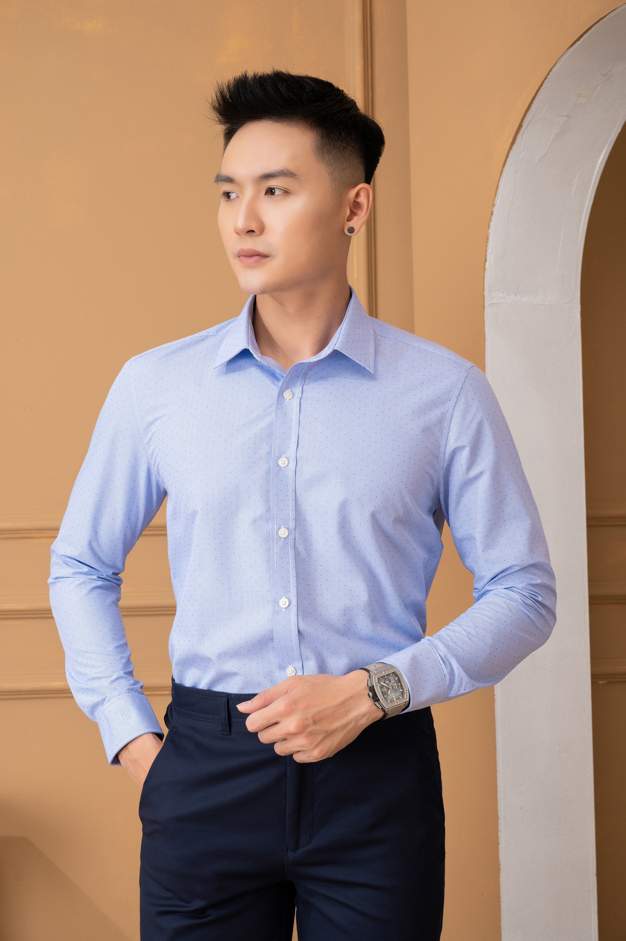 Áo sơ mi nam dài tay cao cấp Aligro ALGS225 chất liệu vải modal form SLIMFIT hoạ tiết nhí màu xanh