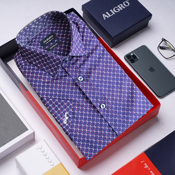 Áo sơ mi nam ngắn tay cao cấp Aligro ALGS-C65 vải cotton form Custom màu navy