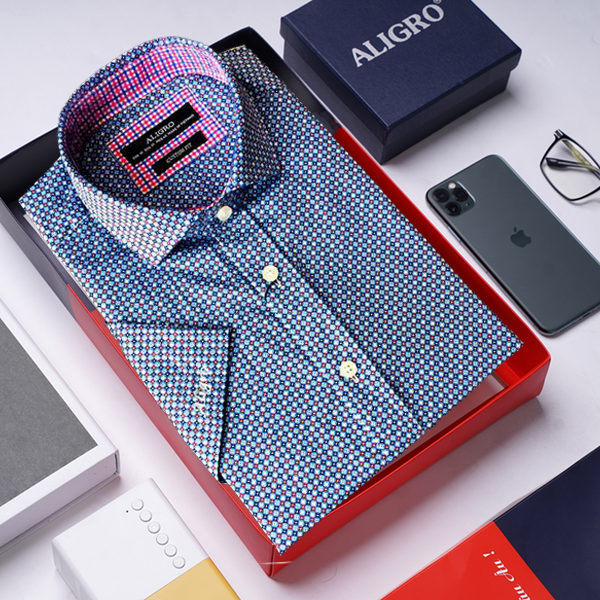 Áo sơ mi nam ngắn tay cao cấp Aligro ALGS-C89 vải cotton form Customfit màu xanh