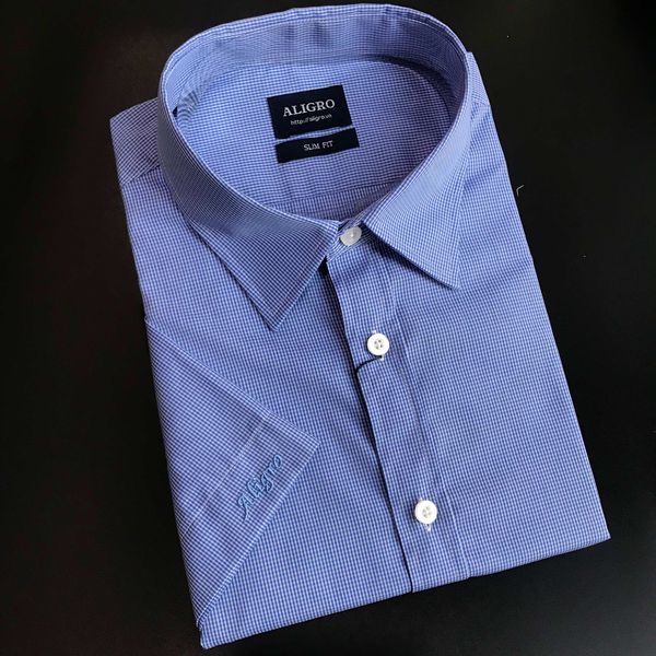 Áo sơ mi nam ngắn tay cao cấp Aligro ALGS-C60 vải cotton form SLIMFIT màu xanh kẻ caro