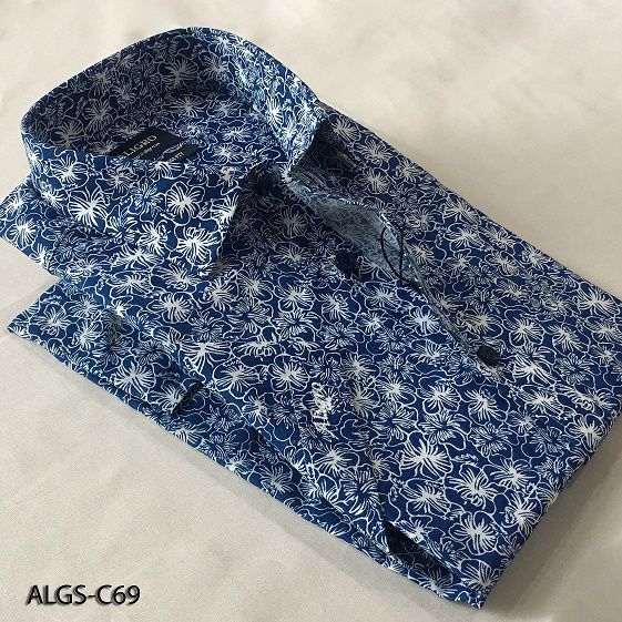 Áo sơ mi nam ngắn tay cao cấp Aligro ALGS-C69 vải cotton form SLIMFIT màu navy in hoa