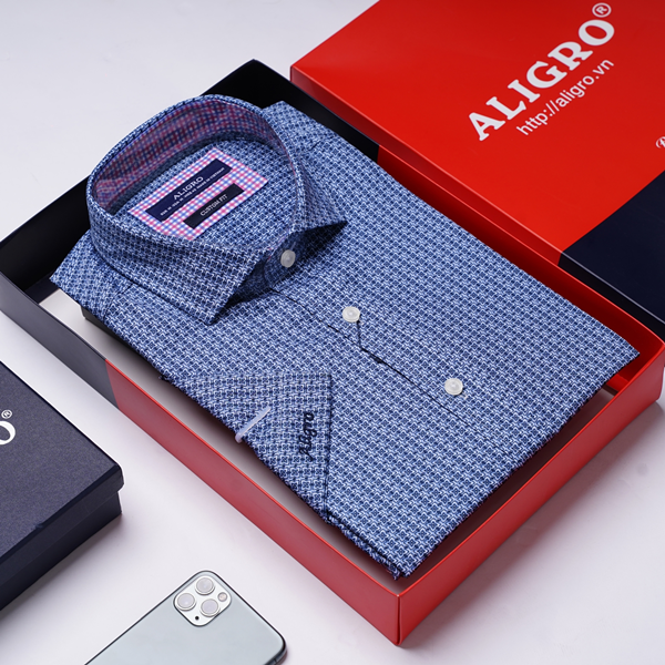 Áo sơ mi nam ngắn tay cao cấp Aligro ALGS-C88 vải cotton form Customfit màu xanh hoa