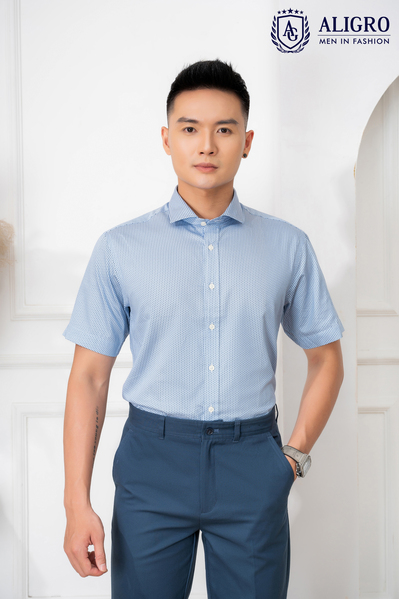 Áo sơ mi nam ngắn tay cao cấp Aligro ALGS-C85 vải cotton form Customfit màu xanh chấm đen