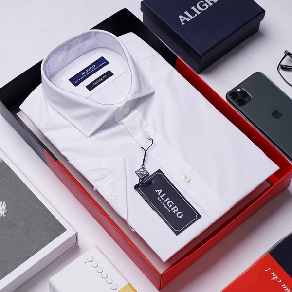 Áo sơ mi nam ngắn tay cao cấp Aligro ALGS-C95 chất liệu cotton form CUSTOM màu trắng