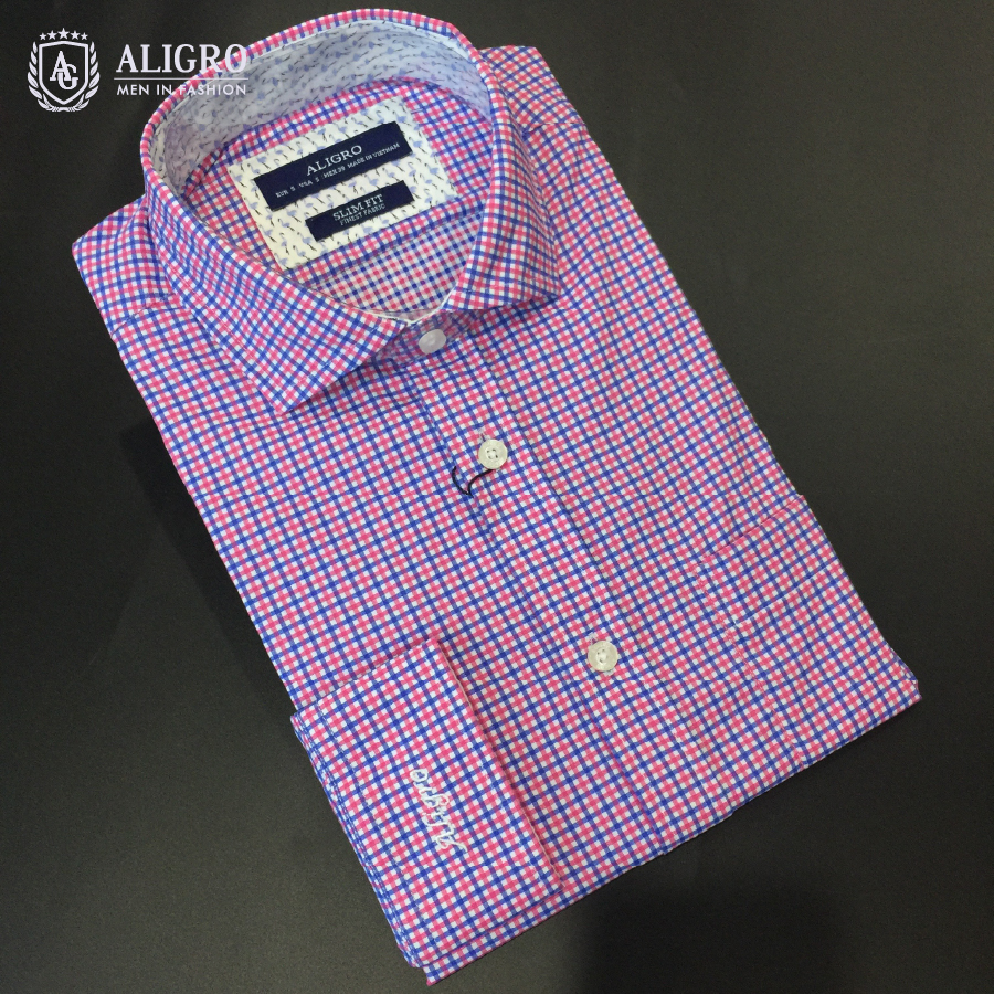 Áo sơ mi dài tay công sở cao cấp Aligro ALGS178 dáng Slimfit màu hồng kẻ caro