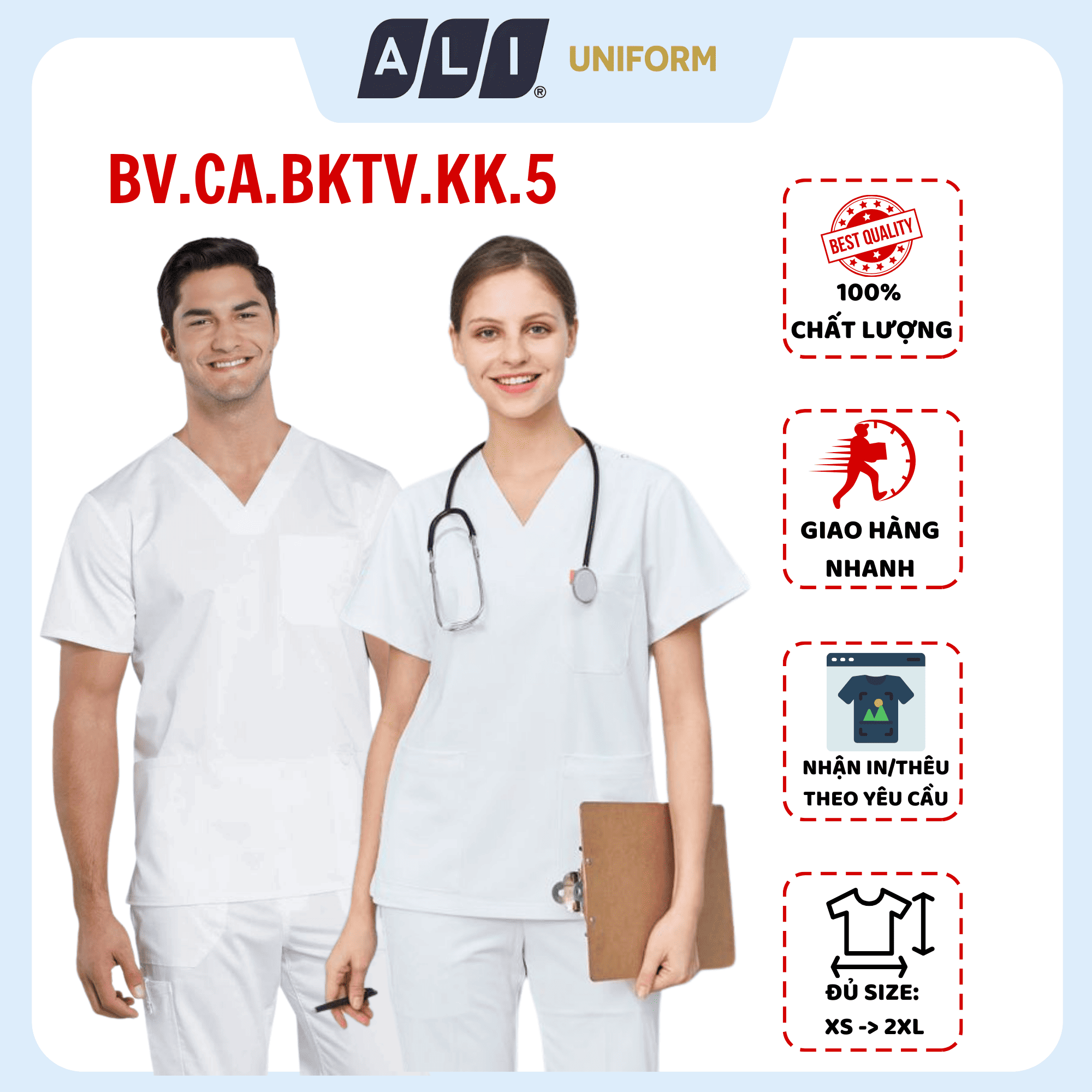 Bộ Scrubs bác sĩ cổ tim, quần áo phòng mổ, đồng phục điều dưỡng spa chất vải kaki chun hàn màu trắng BV.CA.BKTV.KK.5