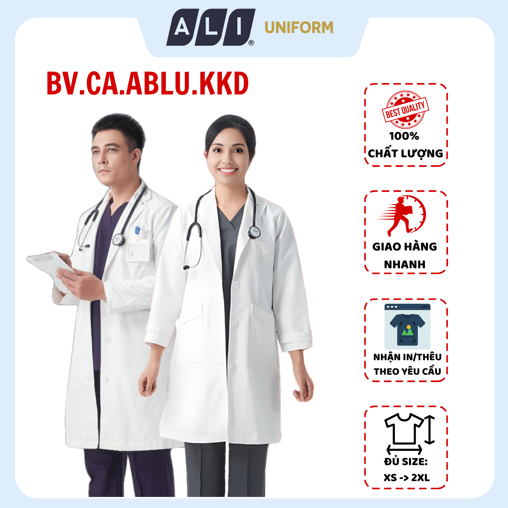 Áo choàng blouse, áo blue trắng dài tay, dáng dài, chất vải kaki chun hàn cho bác sĩ, dược sĩ, spa Aligro BV.CA.ABLU.KKD