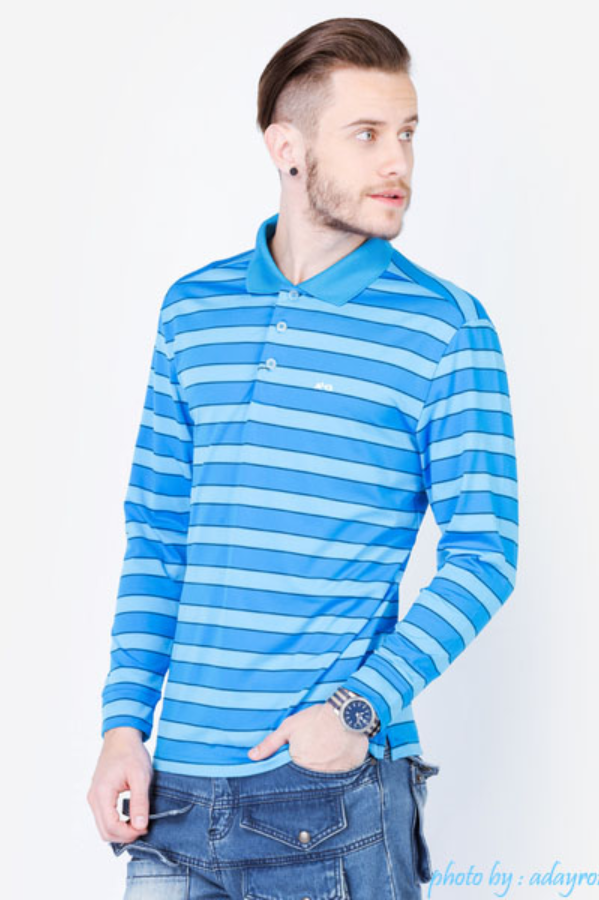 Áo thun dài tay nam cao cấp ALIGRO cổ bẻ co giãn, thoáng khí kẻ xanh dương ALGAPD018