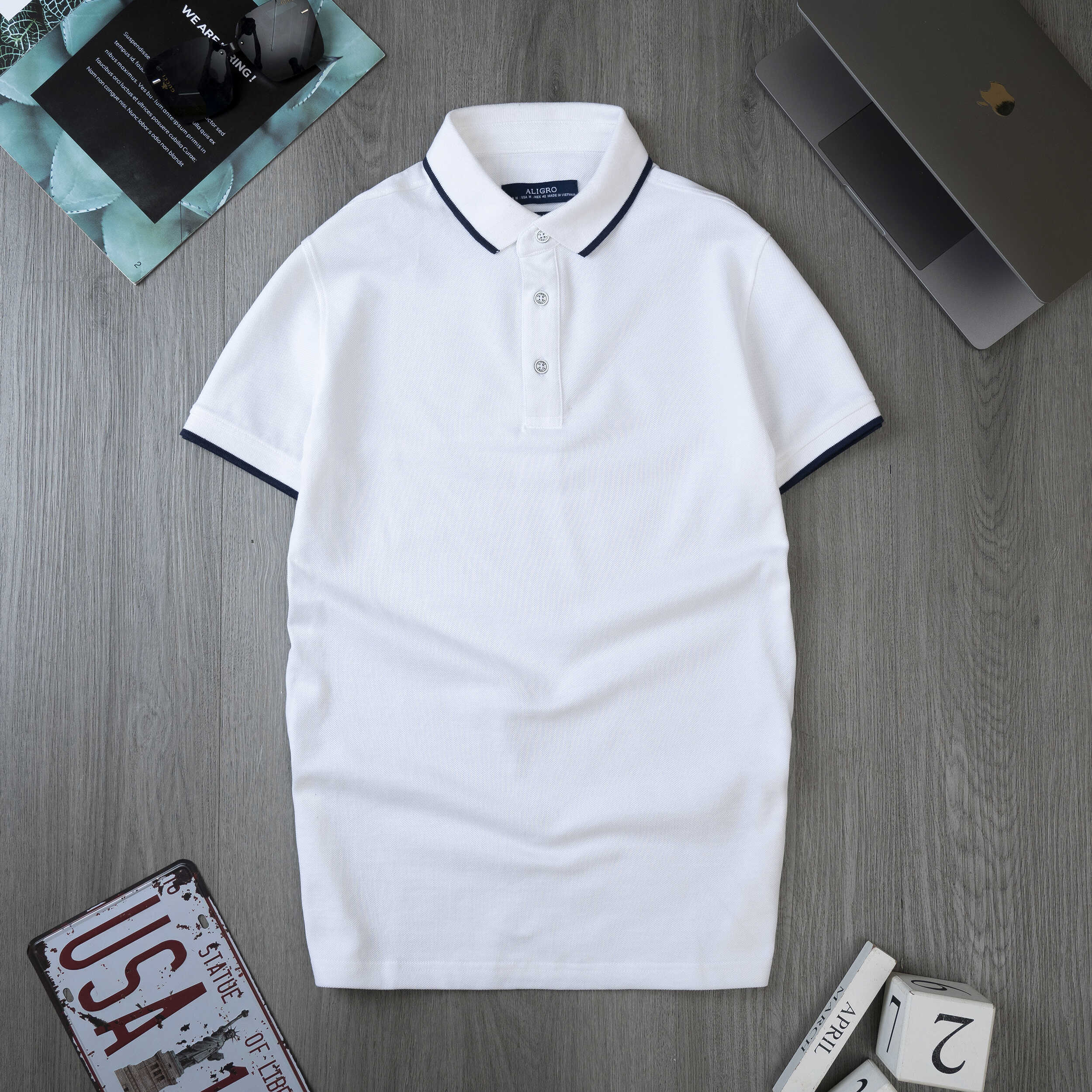 Áo polo nam ngắn tay cao cấp Aligro ALGPLO95 chất liệu 100% cotton form SLIMFIT màu trắng