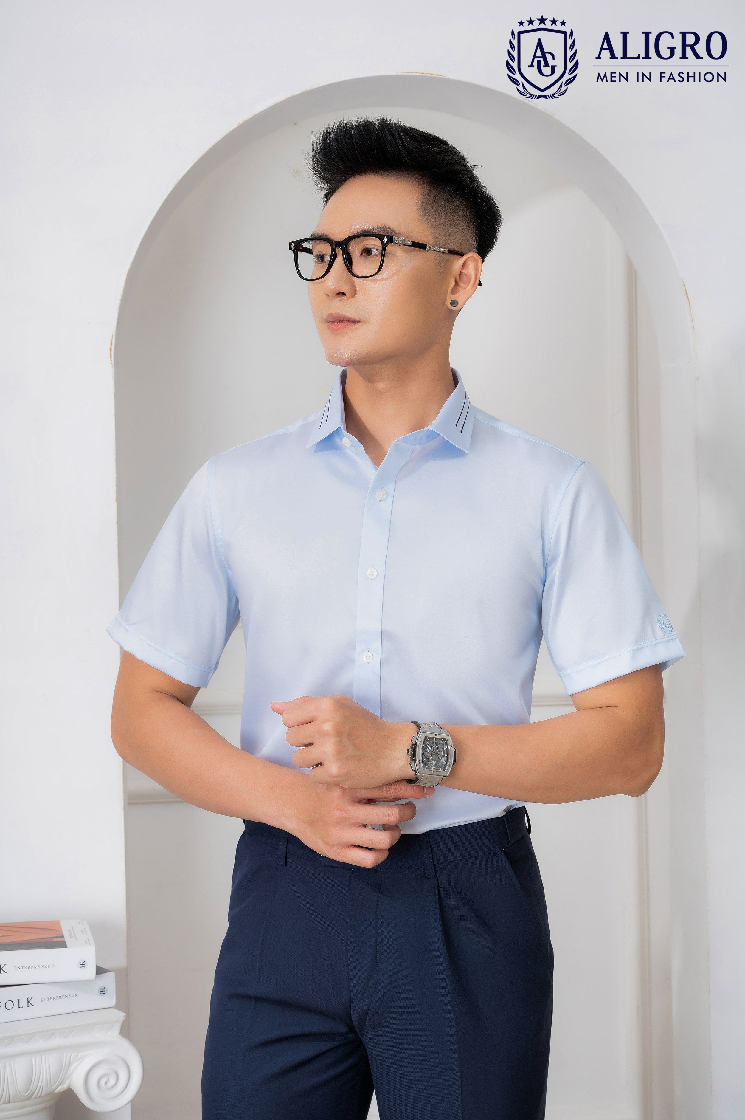 Áo sơ mi nam ngắn tay cao cấp Aligro ALGS-C114 chất liệu cotton chống nhăn form SLIMFIT màu xanh