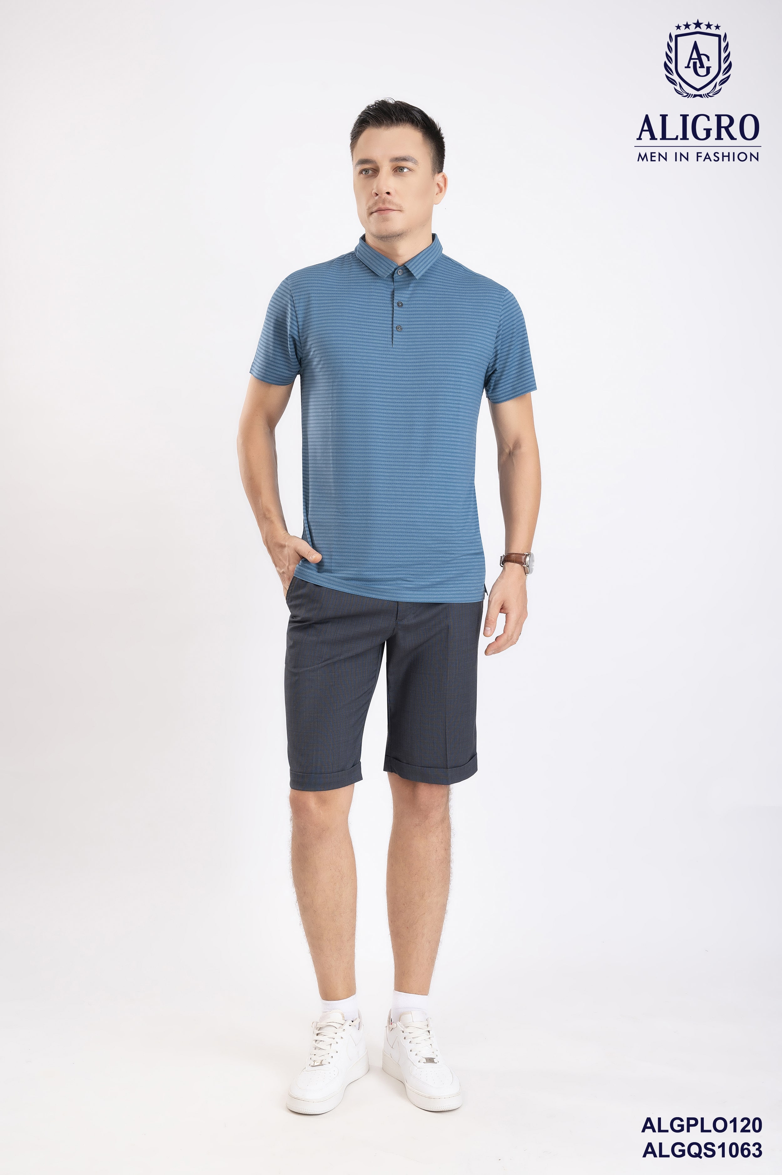 Áo Polo golf cao cấp Aligro ALGPLO120 công nghệ Seamless - không đường may form SLIMFIT xanh navy dệt kẻ ngang