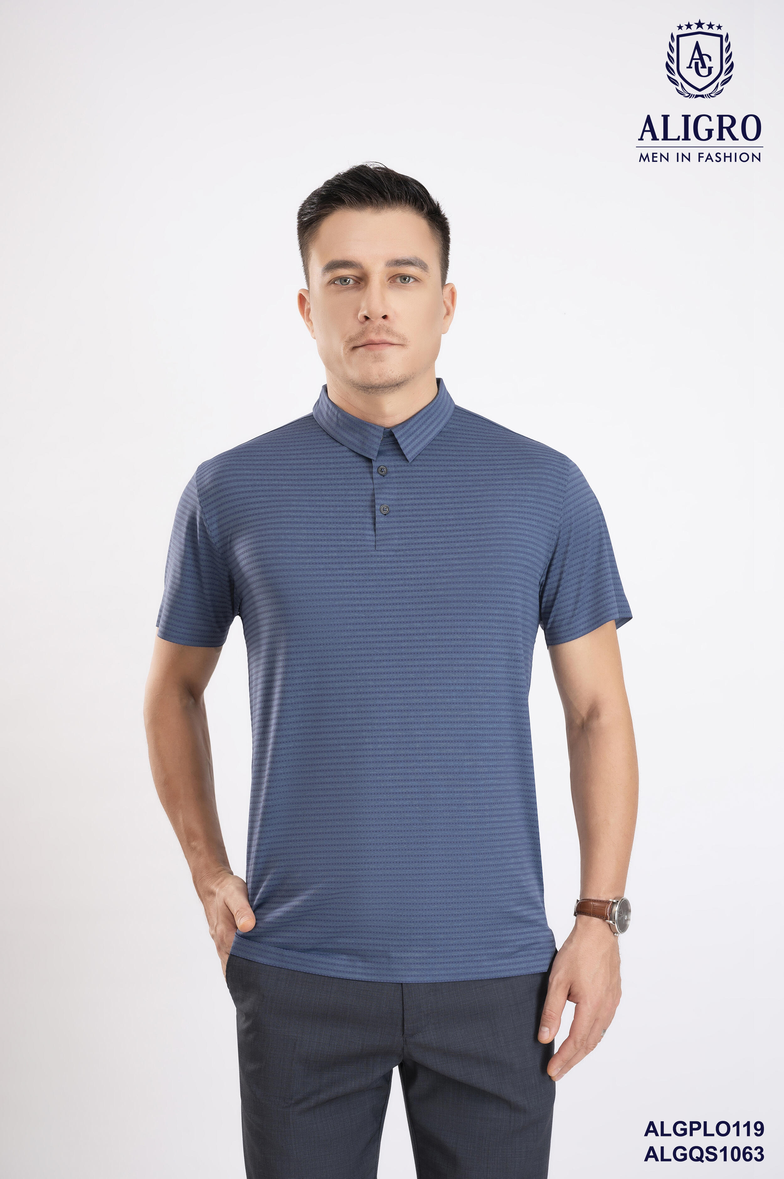 Áo Polo golf cao cấp Aligro ALGPLO119 công nghệ Seamless - không đường may form SLIMFIT màu xanh dệt kẻ ngang