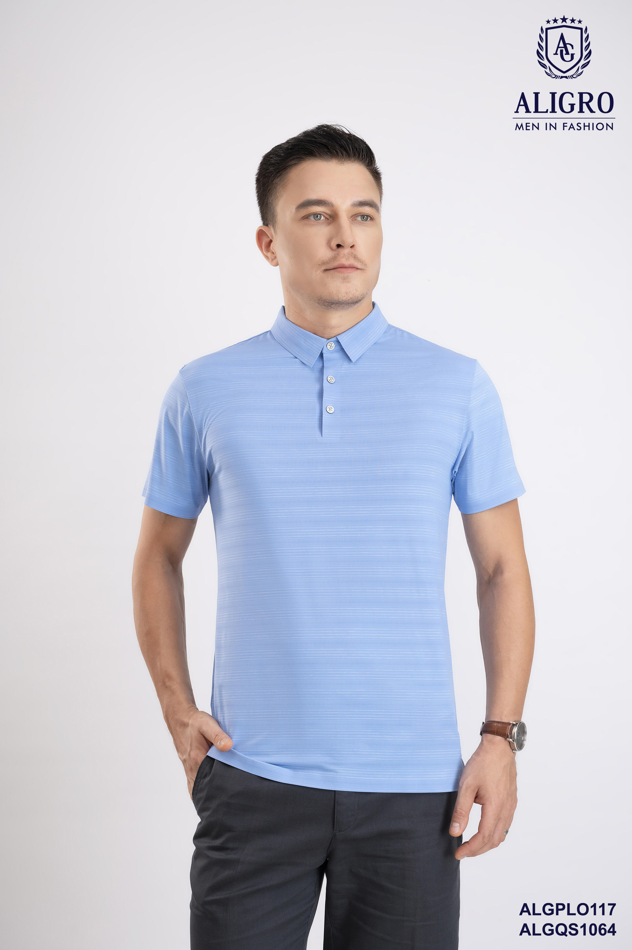 Áo Polo golf cao cấp Aligro ALGPLO117 công nghệ Seamless - không đường may form SLIMFIT kẻ ngang màu xanh blue