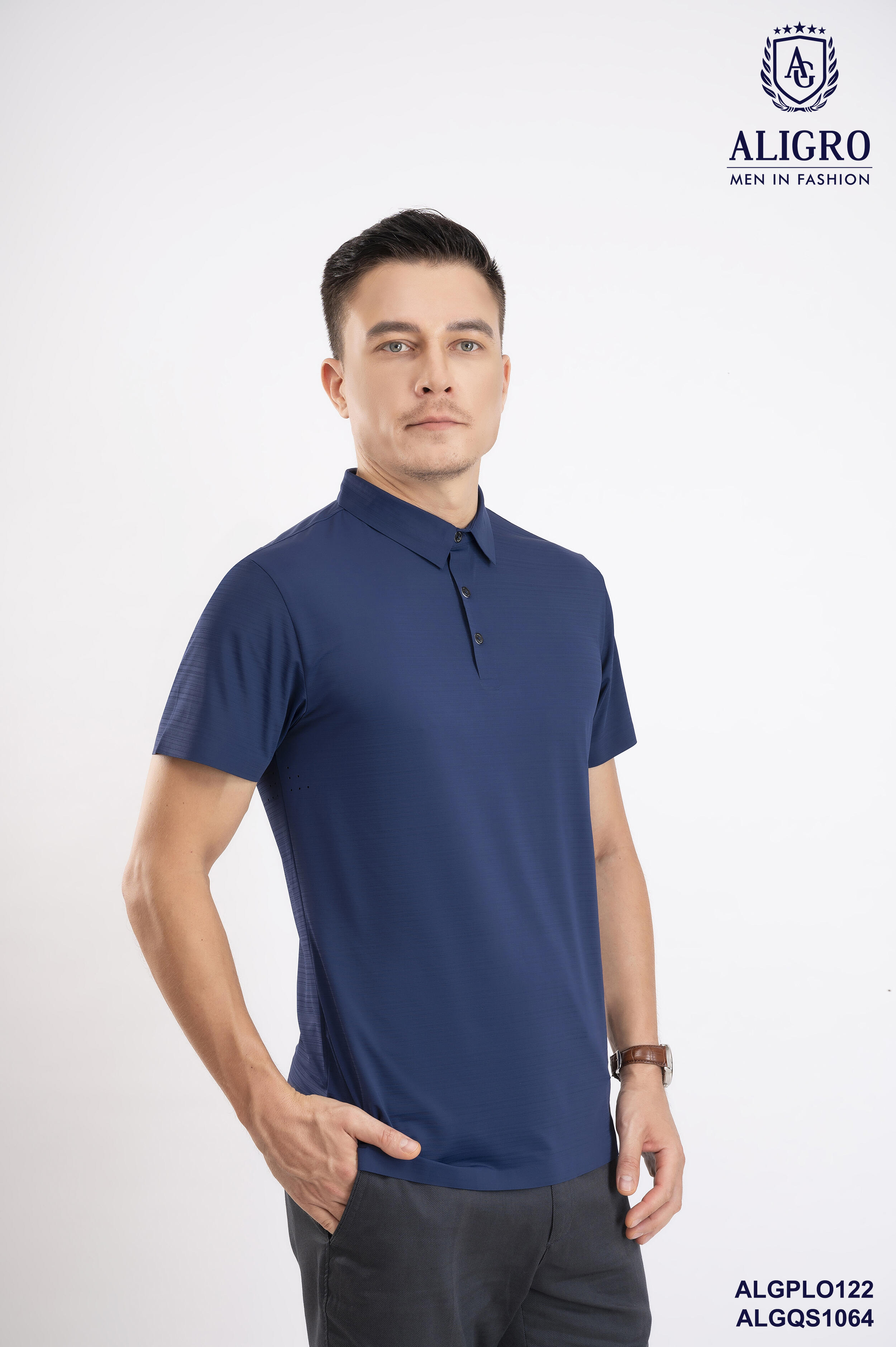 Áo Polo golf cao cấp Aligro ALGPLO122 công nghệ Seamless - không đường may form SLIMFIT màu xanh navy
