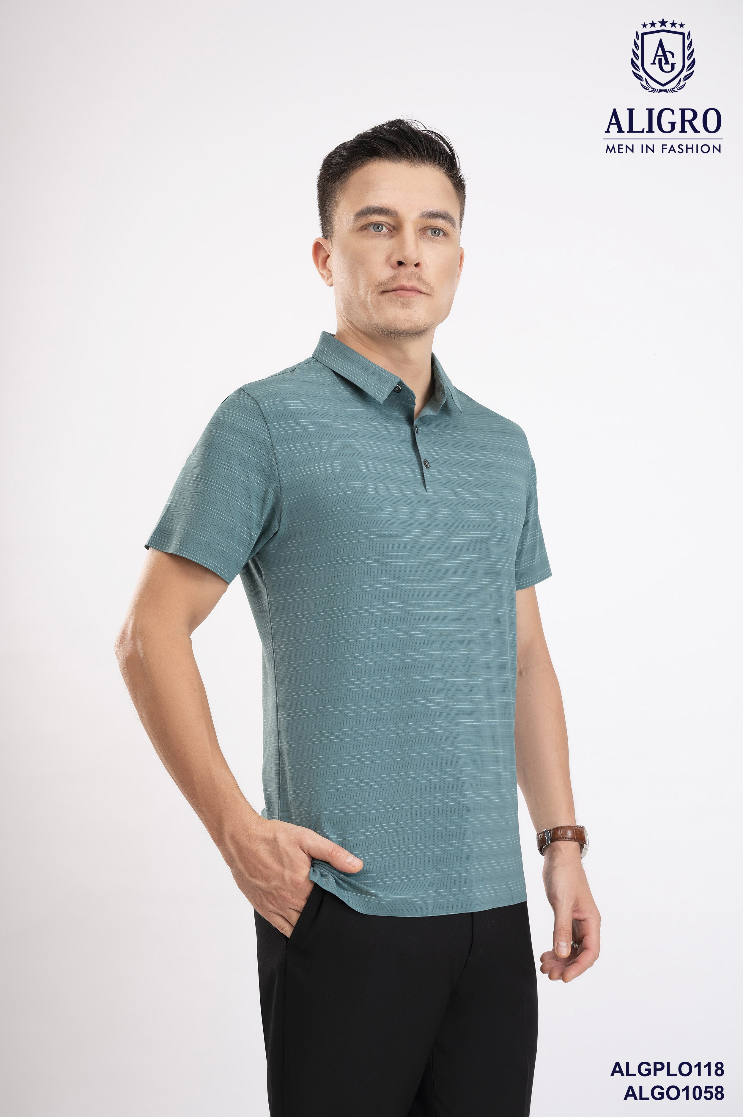 Áo Polo golf cao cấp Aligro ALGPLO118 công nghệ Seamless - không đường may form SLIMFIT kẻ ngang màu xanh rêu